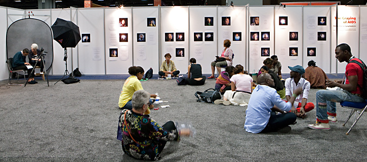 Global Village visitors take a lunch break in the Café that was home to our Graying Pandemic installation